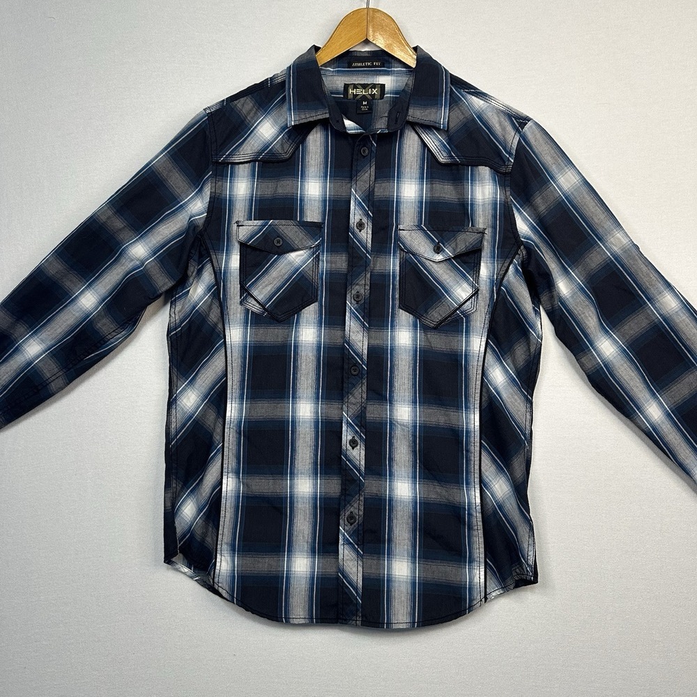 Helix Men's‎ Medium Long Sleeve Plaid Shirt Black/Blue/White/Gray